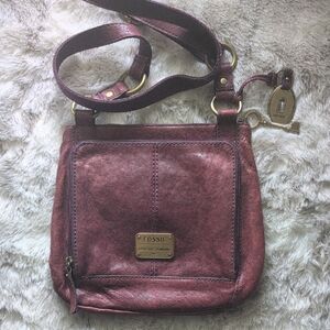 Fossil Red Crossbody Bag with Vintage Leather and Brass Accents